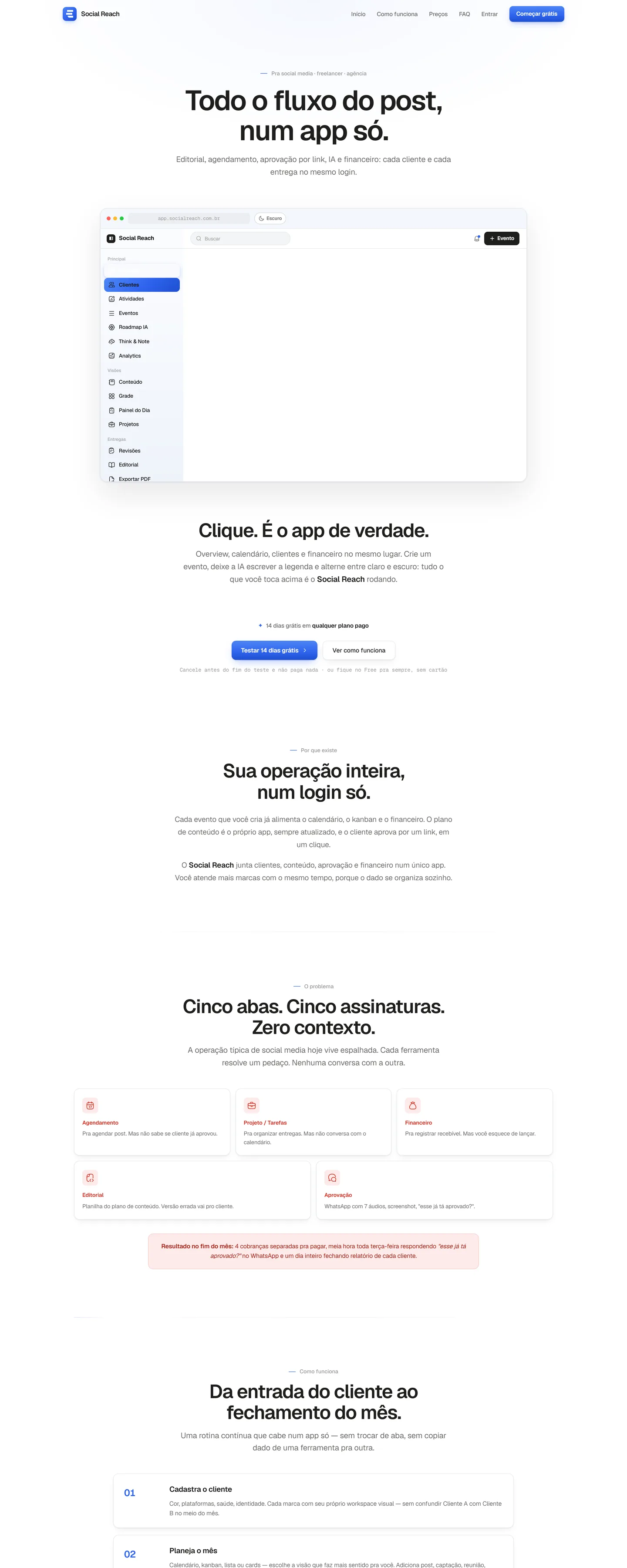 Página do Social Reach: headline sobre fluxo de post acima do painel de clientes do aplicativo